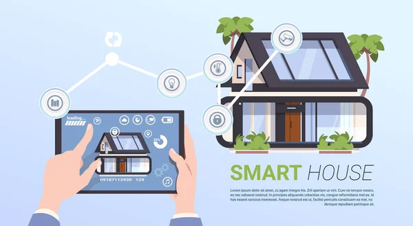 Conceito de gerenciamento de casa inteligente com as mãos segurando dispositivo Tablet — Vetor de Stock