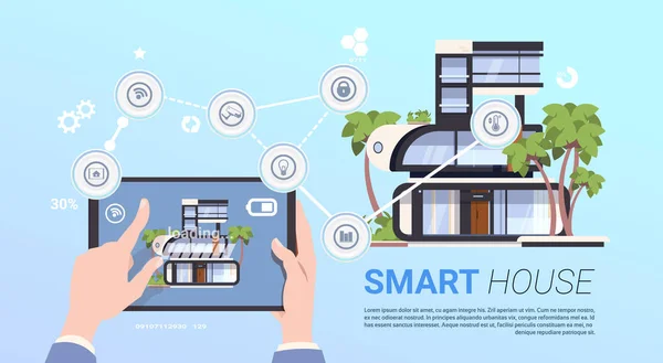 Tecnología Smart Home Control Concepto con las manos sosteniendo la tableta digital — Vector de stock