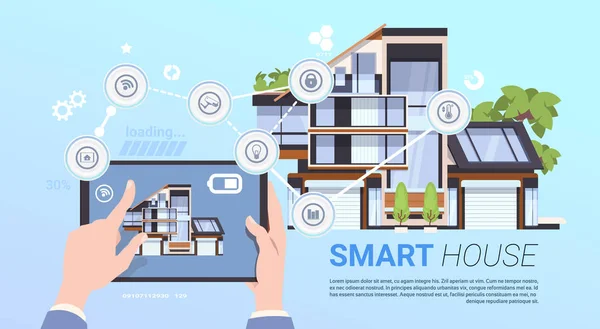 Smart Home Management-Konzept mit Tablet-Gerät in der Hand — Stockvektor