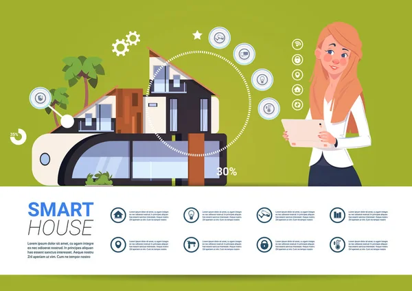 Kvinna som håller Digital tablett med Smart Home kontroll och Administration System Interface koncept — Stock vektor