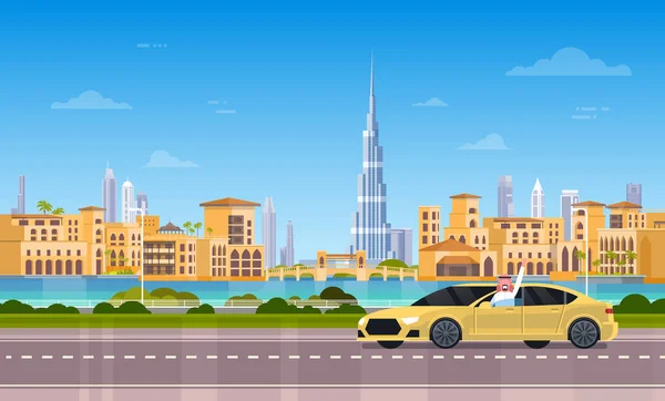 Taxi amarillo coche en la carretera sobre fondo de la ciudad de Dubai — Vector de stock