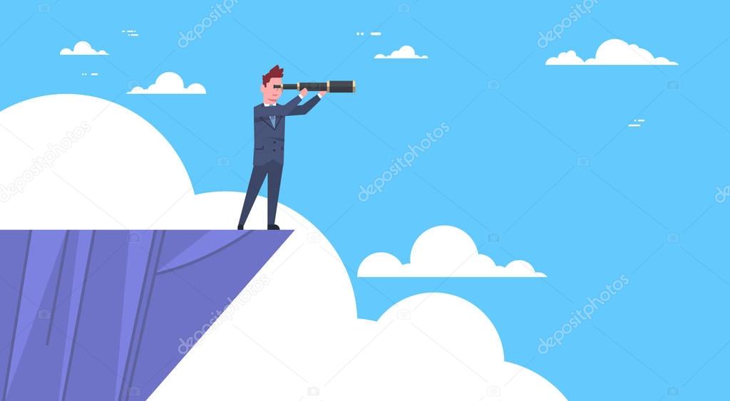 Businessman Stand On Top Of Mountain With Telescope Looking For Success, Opportunities, Business Vision Concept