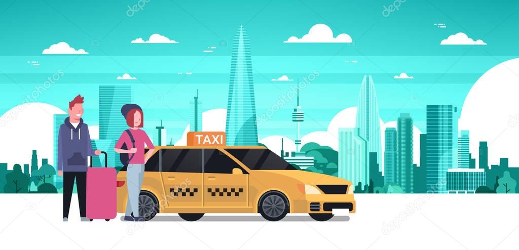 Passengers Couple Order Yellow Taxi Service Sit In Car Cab Over Silhouette City Background