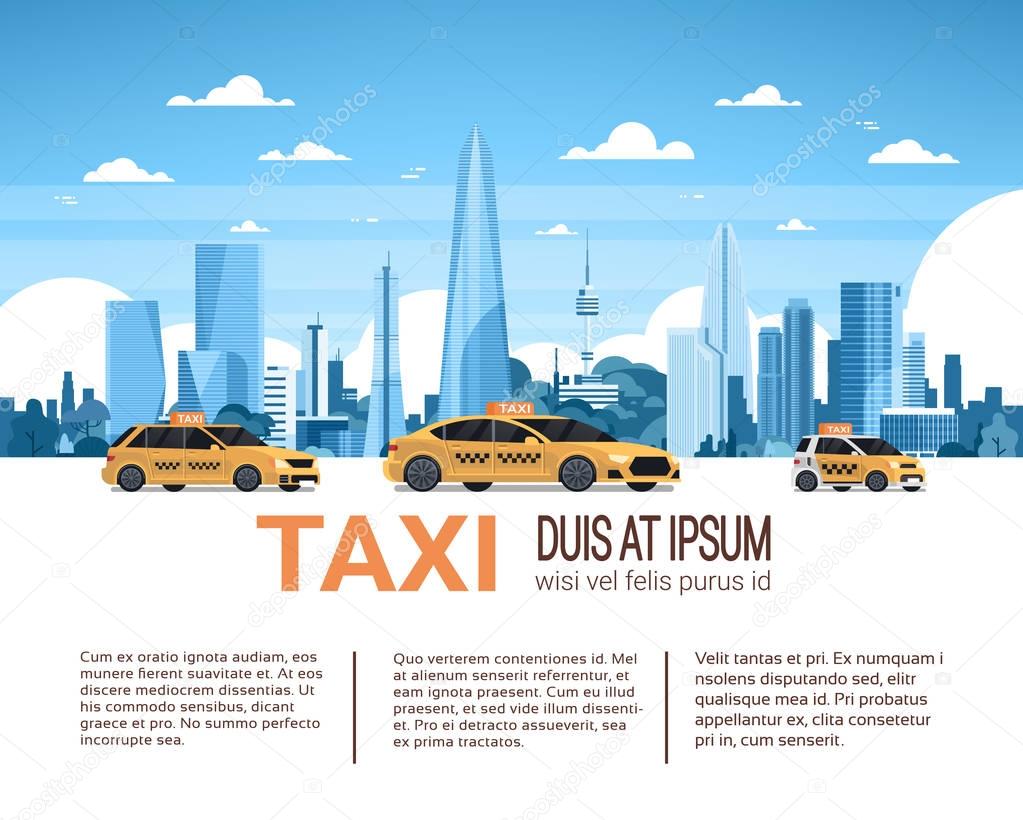 Taxi Service Template Infographic Banner With Copy Space, Yellow Cab Cars Over City Background