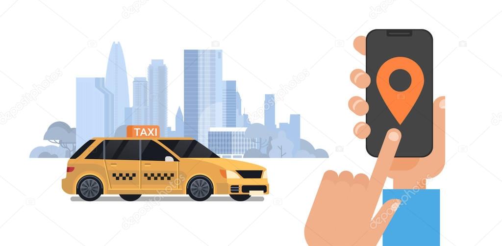 Taxi Service, Hand Holding Smart Phone Order Cab With Mobile App Over Silhouette City Background