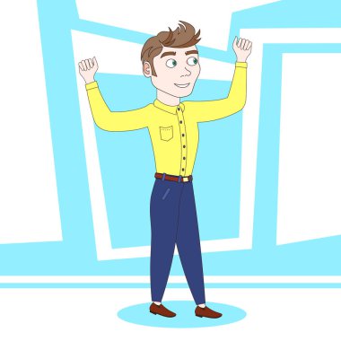 Mavi arka plan üzerinde gösteren el kasları güçlü genç adam