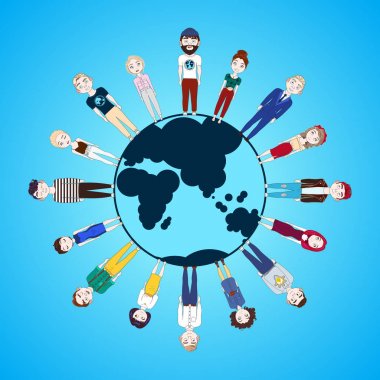 İzole gezegen koruma kavramı Earth dünyanın dört bir yanından duran insanlar ile mavi arka plan üzerinde