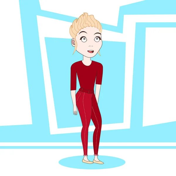 Mladá blond žena kreslená postava stojící nad barevné abstraktní pozadí — Stockový vektor
