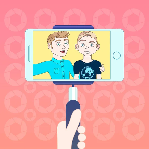 Hand met behulp van slimme telefoon met Selfie stok voor zelf Portretfoto van twee jonge kerel — Stockvector