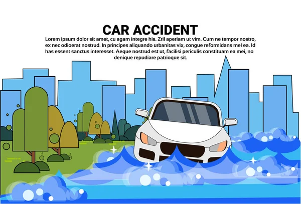 Unfall mit überflutetem Auto beim Versuch, gegen Hochwasser auf Straße zu fahren — Stockvektor
