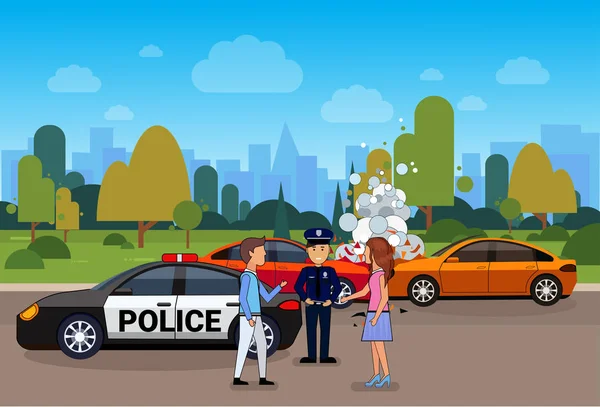 Autounfall oder Crash, Kollision auf der Straße mit männlichen und weiblichen Fahrer und Polizisten — Stockvektor