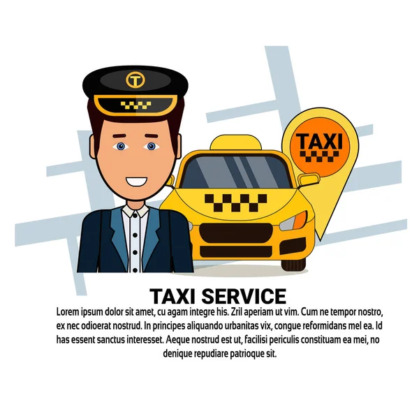 Taxi szolgáltatás ikonok a fehér háttér, másol hely Yellow Cab autó, a navigációs PIN-kód és a vezető — Stock Vector