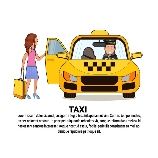 Nő ül a Yellow Cab autó Taxi szolgáltatás ikon háttér-val másol hely bőrönd — Stock Vector