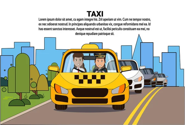 Taxis szolgáltatás és a férfi utas sárga Cab autó autó több mint Silhouette város háttérben — Stock Vector
