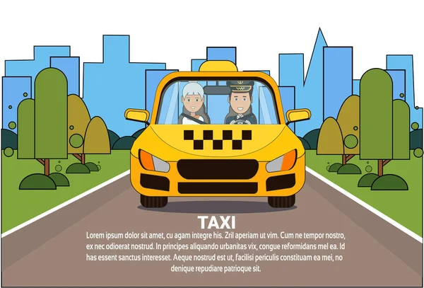 Taxis szolgáltatás és nő utas sárga Cab autó autó több mint Silhouette város háttérben — Stock Vector