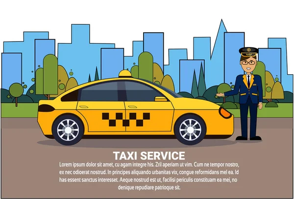 コピー スペース タクシー サービス コンセプトと黄色い自動車オーバー シルエット都市背景に立ってタクシー ドライバー — ストックベクタ