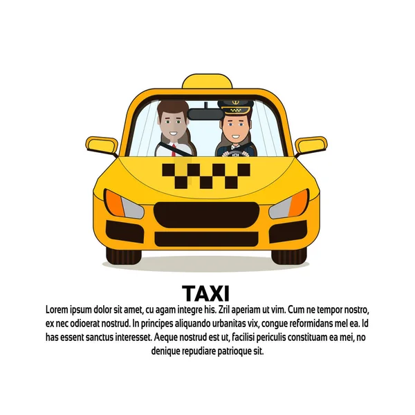 Taxis szolgáltatás ikon és a férfi utas a Yellow Cab autó autó mint háttér-val másol hely — Stock Vector