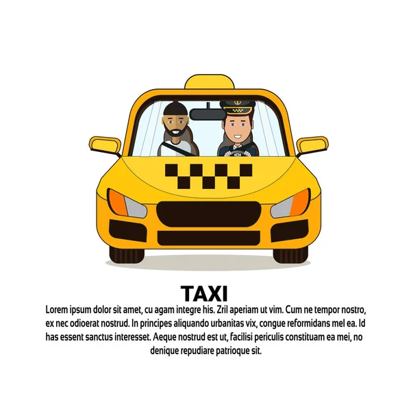 Taxi služby Banner s řidičem a mužské cestující v kabině žluté auto nad pozadím s Copy prostor — Stockový vektor