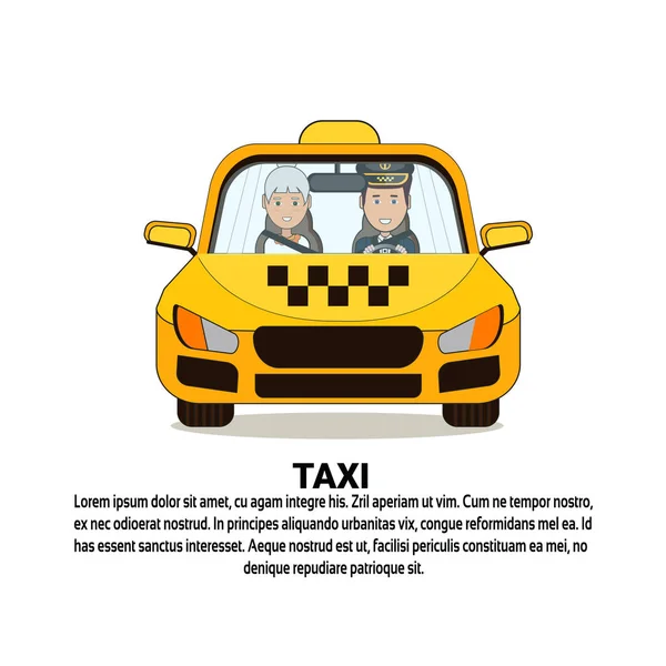 Taxis szolgáltatás ikon és a női utas a Yellow Cab autó autó mint háttér-val másol hely — Stock Vector