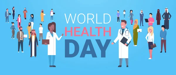 Cartel del Día Mundial de la Salud con médicos y doctores sobre el grupo de pacientes Banner de vacaciones saludables — Archivo Imágenes Vectoriales
