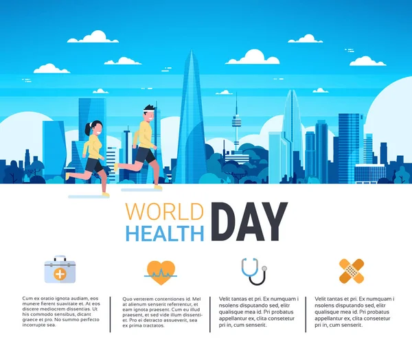Banner Infográfico del Día Mundial de la Salud con Hombre y Mujer corriendo sobre el fondo de la plantilla de Silhouette City — Archivo Imágenes Vectoriales