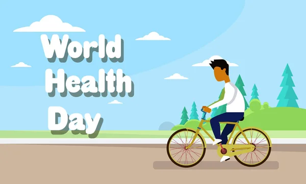 Hombre montar en bicicleta sobre el Día Mundial de la Salud Banner de fondo — Vector de stock