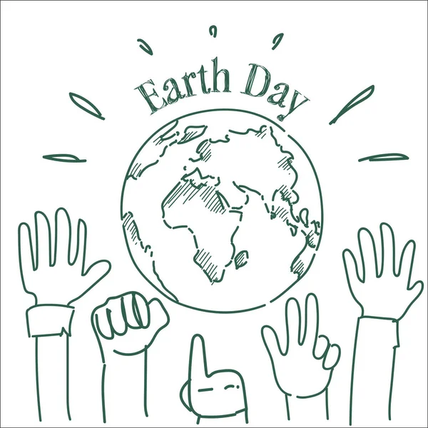 Tarjeta de felicitación del Día de la Tierra con las manos levantadas al planeta Cartel del boceto de la fiesta feliz — Vector de stock