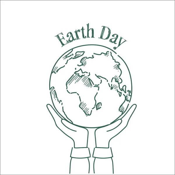 Hand Holding Sketch Planet, Earth Day Greeting Card Design Happy Holiday Poster Hand Drawn — Stock Vector