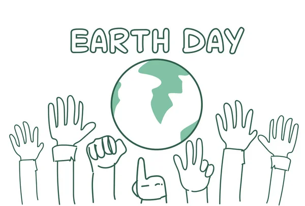 Earth Day Background With Hands Raised To Globe Greeting Card Sketch Poster Design — Stock Vector