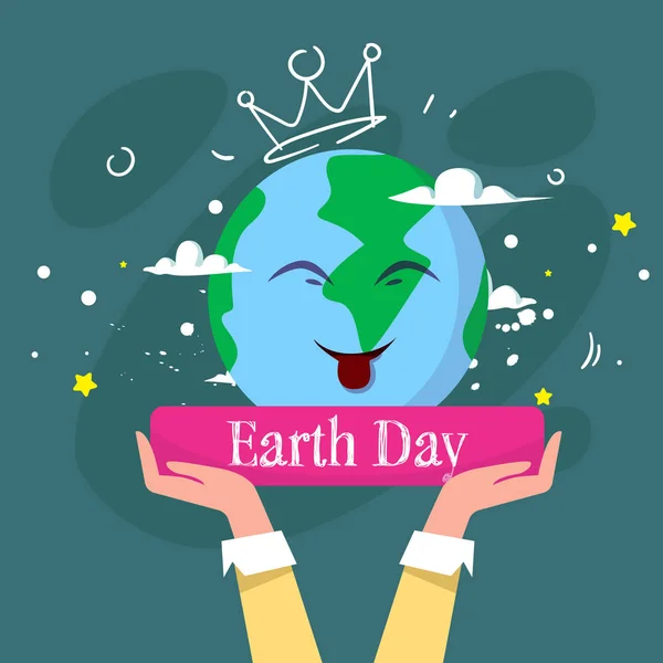Happy Earth Day Cute Greeting Card with Hand Holding Cartoon Planet Happy Smiling Ecology Protection Poster Concept — стоковый вектор