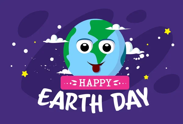 Tarjeta de felicitación del Día de la Tierra feliz con lindo planeta de dibujos animados Ecología concepto de protección — Vector de stock