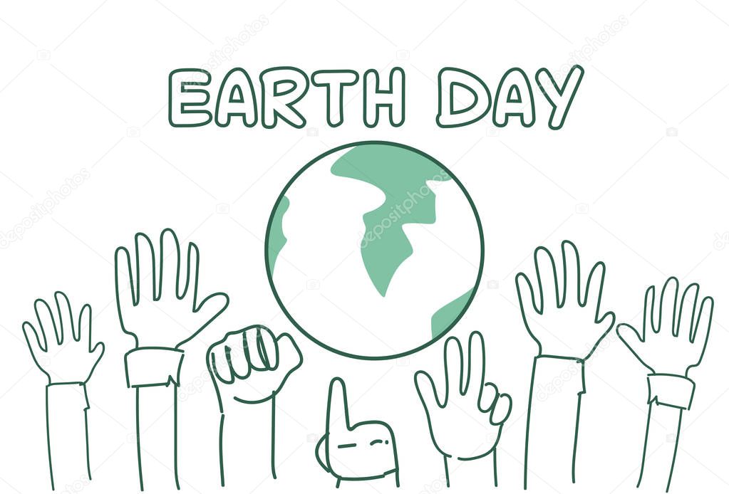 Earth Day Background With Hands Raised To Globe Greeting Card Sketch Poster Design