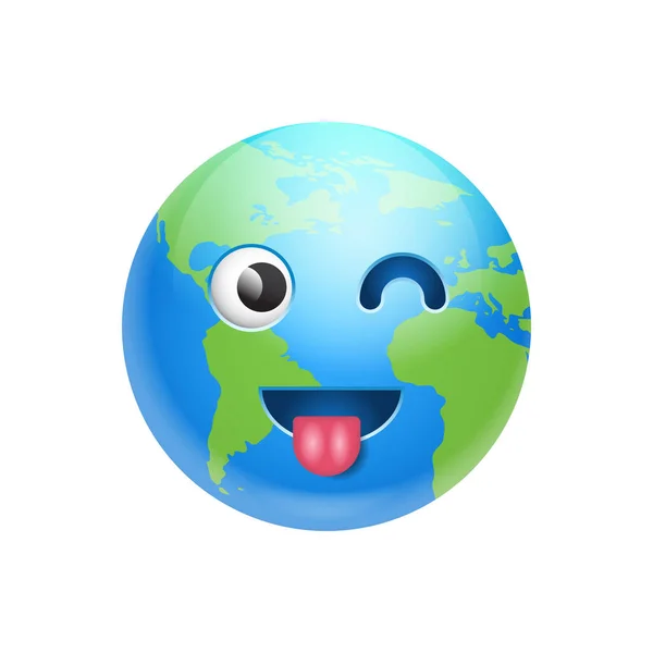 Cara de la tierra de dibujos animados que muestra la lengua y guiño icono divertido planeta emoción — Vector de stock