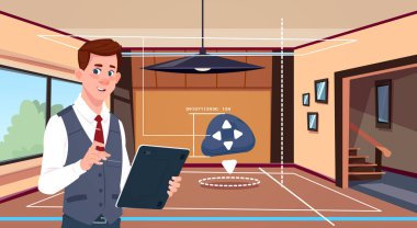 Adam kullanım dijital Tablet App akıllı ev otomasyon sistemi oturma odası arka plan üzerinde