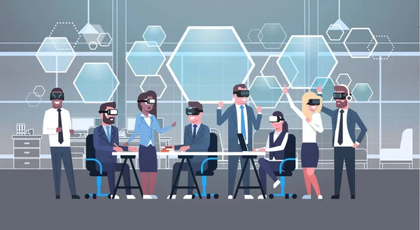 Επιχειρηματικός όμιλος άνθρωποι φορούν ακουστικό Vr κατά τη διάρκεια Brainstorming, ομάδα σε 3d γυαλιά στην συνάντηση έννοια τεχνολογίας εικονικής πραγματικότητας — Διανυσματικό Αρχείο
