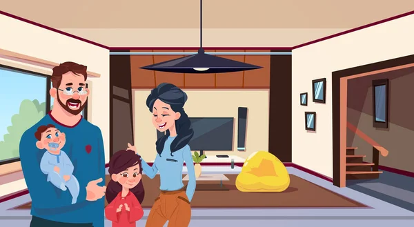Ung familj föräldrar med två barn i modernt vardagsrum hemma — Stock vektor