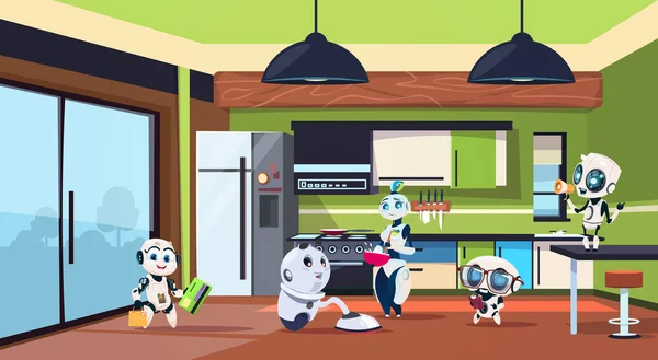 Группа роботов-уборщиков убирает кухню — стоковый вектор