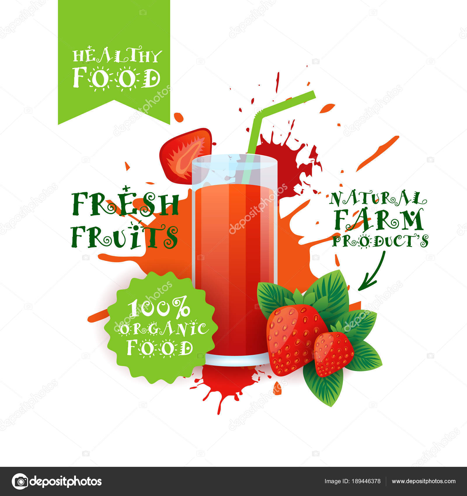 Fresh Strawberry Juice Logo Natural Food Farm Products Label Over Paint Splash Background — Stock Vector