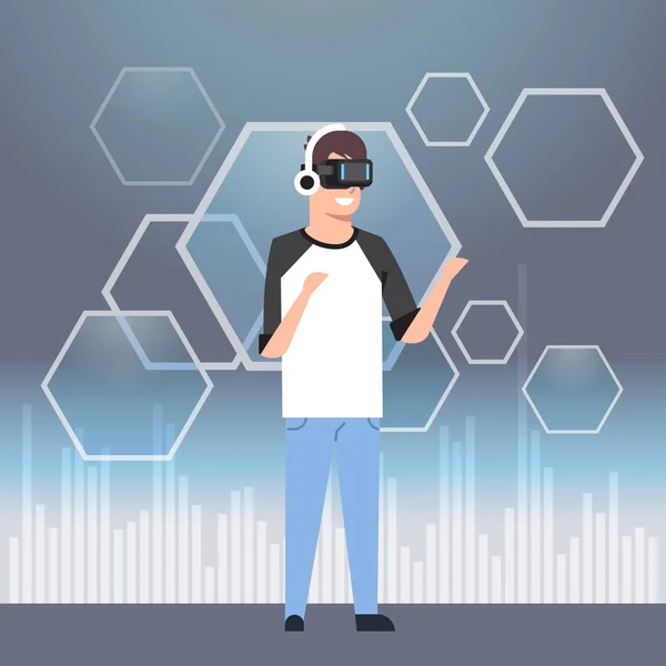Mann in lässiger Kleidung trägt moderne 3D-Brille Virtual-Reality-Headset-Konzept — Stockvektor