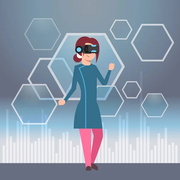 戴现代3d 眼镜的年轻女孩虚拟现实耳机概念 — 图库矢量图片