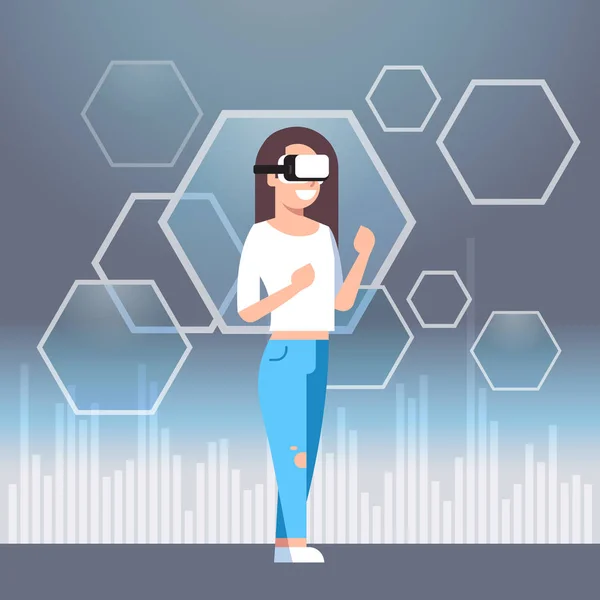 Mujer joven con gafas Vr Virtual Reality Technology Modern 3d Headset Concept — Archivo Imágenes Vectoriales