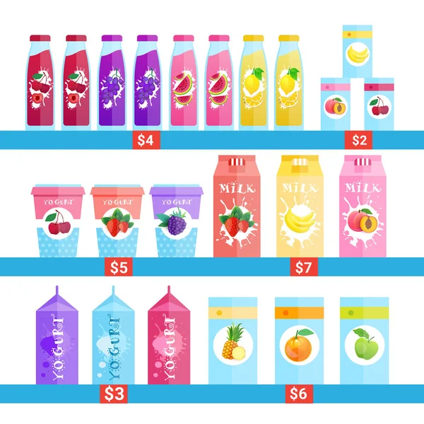 Verse flessen van SAP, melk en Jogurt logo's instellen geïsoleerde natuurvoeding Farm producten Concept — Stockvector