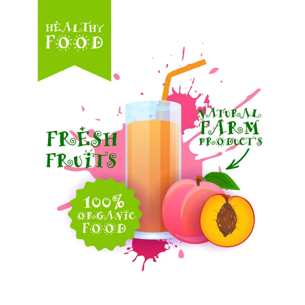 鲜桃汁标识天然食品农场产品标签油漆飞溅背景 — 图库矢量图片