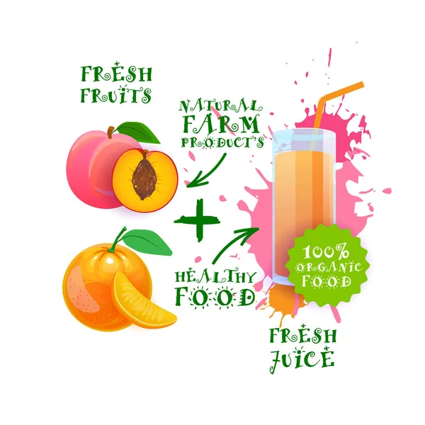 Vers sap Cocktail perzik en oranje Logo natuurvoeding Farm producten Label — Stockvector