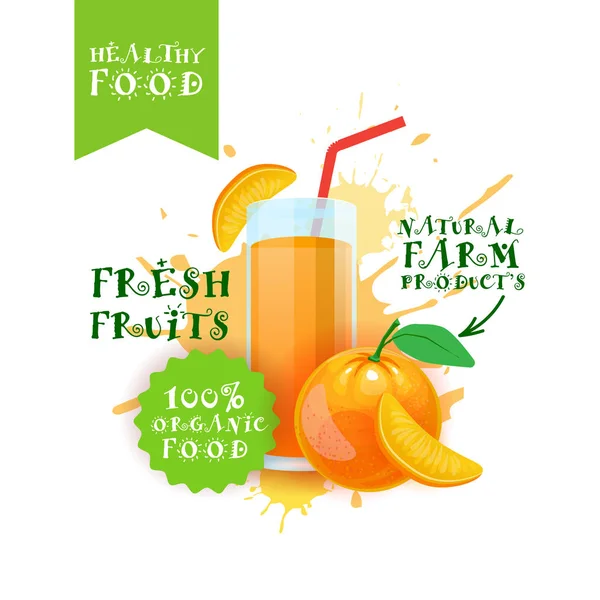 新鲜橙汁标识天然食品农场产品标签油漆飞溅背景 — 图库矢量图片