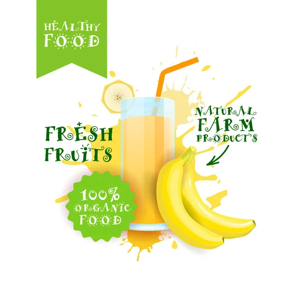 新鲜香蕉汁标识天然食品农场产品标签油漆飞溅背景 — 图库矢量图片