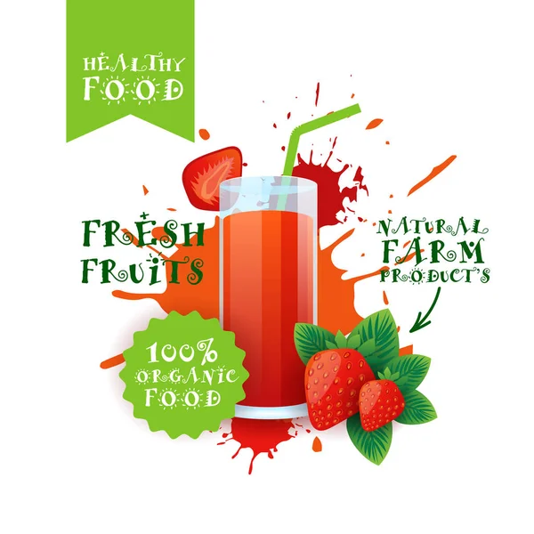 Logo de jugo de fresa fresca Productos de granja de alimentos naturales Etiqueta sobre fondo de salpicadura de pintura — Archivo Imágenes Vectoriales