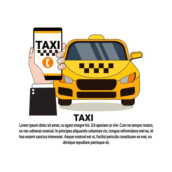 Online Taxi szolgáltatás kezében szúró telefon mint sárga vezérlőkocsi — Stock Vector