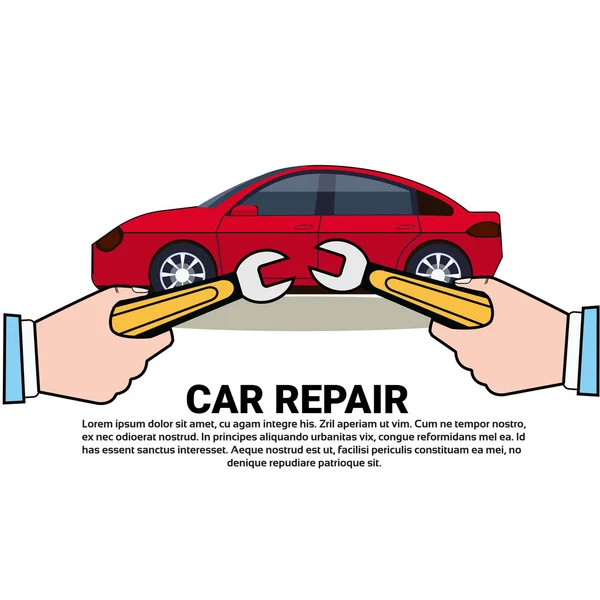 Auto reparatie Service pictogram Hand hebt moersleutel Over Auto voertuig Shop of Center Concept — Stockvector