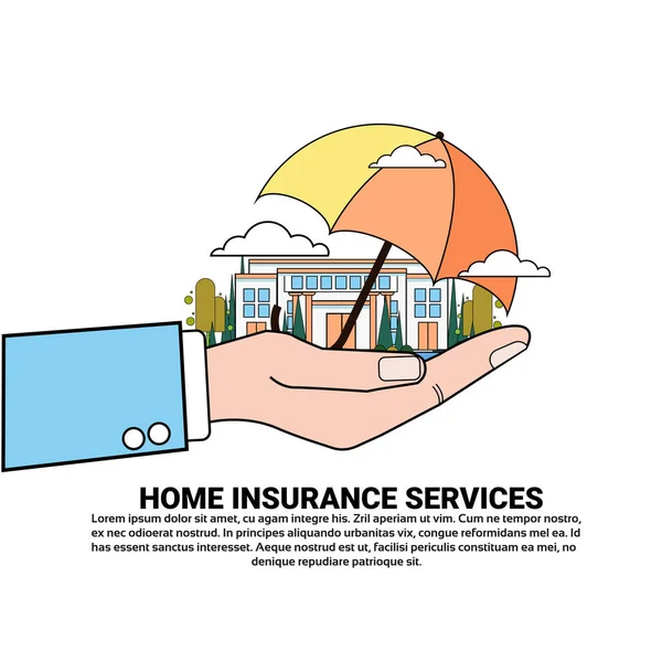 Hem försäkringstjänster Banner med Hnad hålla paraply över fastigheter egendomsskydd och säkerhetskoncept — Stock vektor